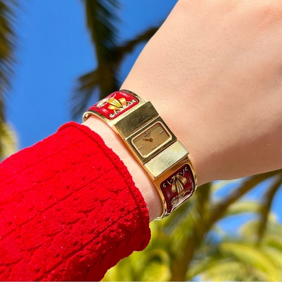 Hermes Loquet Gold-Plated SS White Horses on Red Field Enamel Wristwatch - Picture 1 of 9